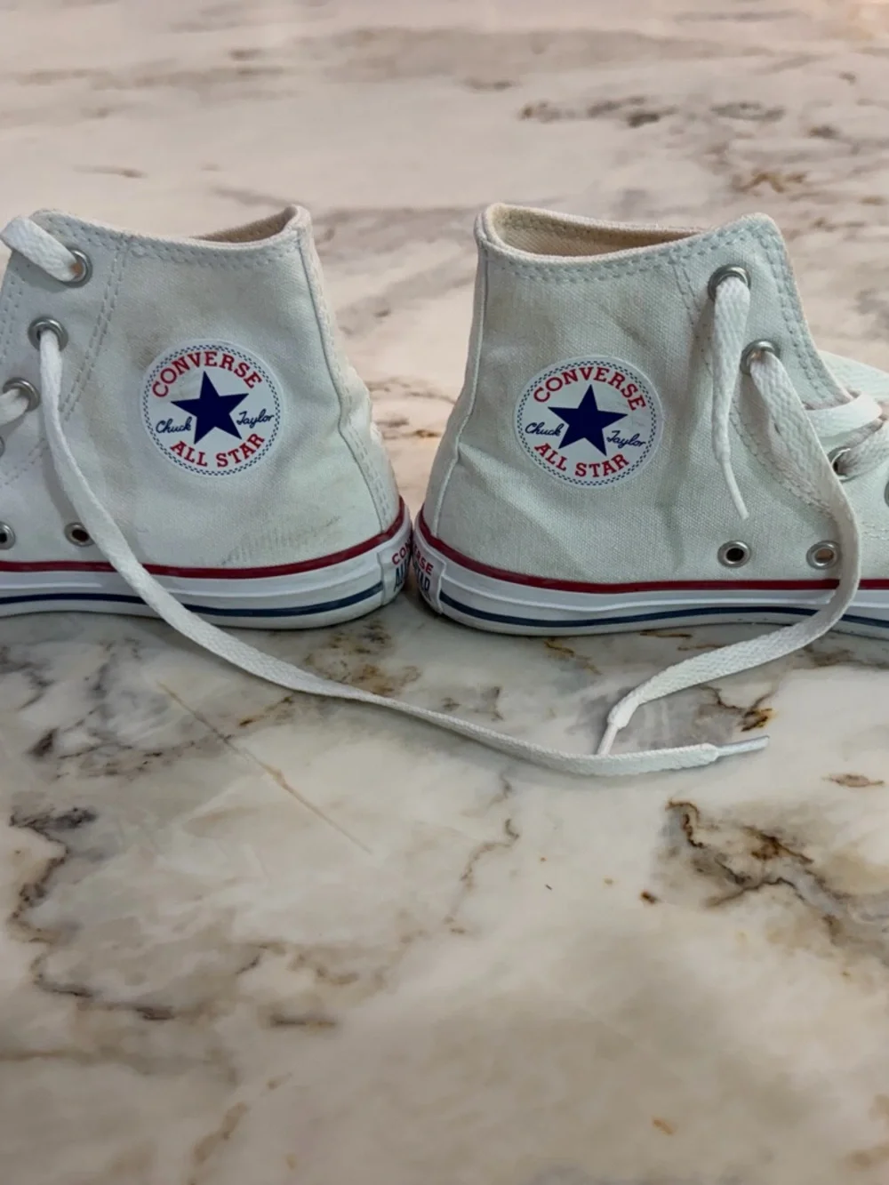 Converse Kids High-Top Canvas Sneakers in White with Red Stripe